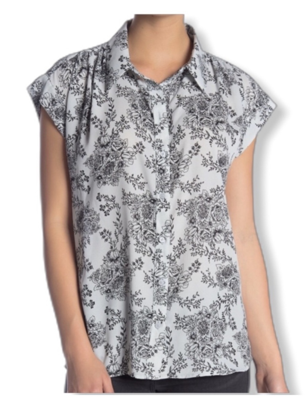 14th & Union size medium Black Floral Button-Front Cap Sleeve Shirt Top